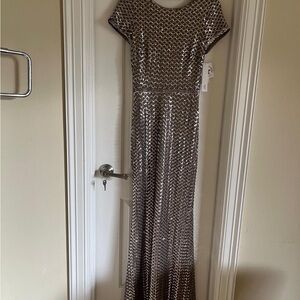Aqua Silver Sequin Maxi Dress Scoop Neck Short Sleeve
